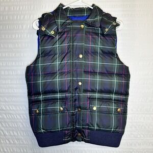 J. Crew Down Puffy Vest Sz S Green Blue Red Plaid Removable Hood Snaps Warm EUC